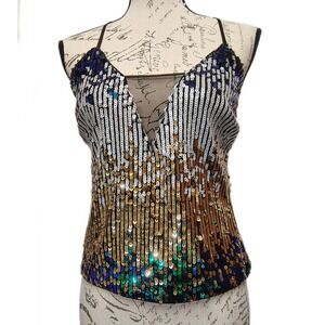 Bebe Multi Color Omber Sequin Cami Party Top XS Plunging V Neck Spaghetti Strap